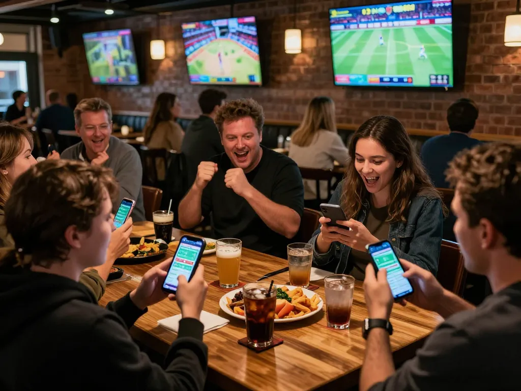 DABET sports enthusiasts engaging in live betting while celebrating game wins at a vibrant sports bar