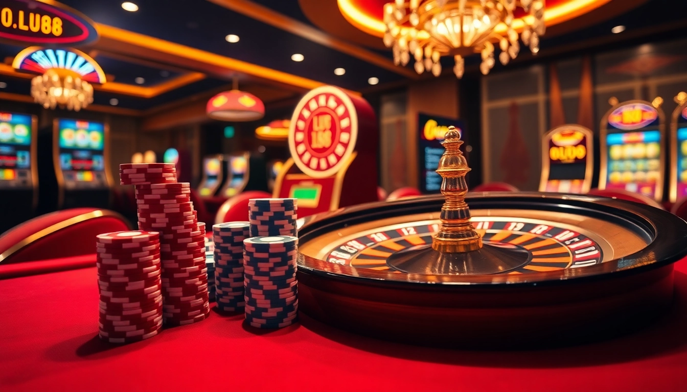 LU88 poker game in a luxurious casino setting with vibrant chips and roulette.
