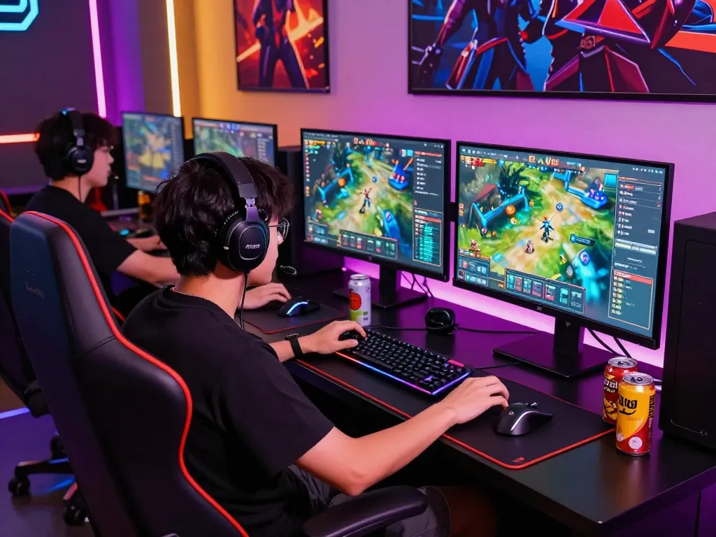 Engaged player at home in vibrant gaming setup, tải game rikvip on multiple screens.