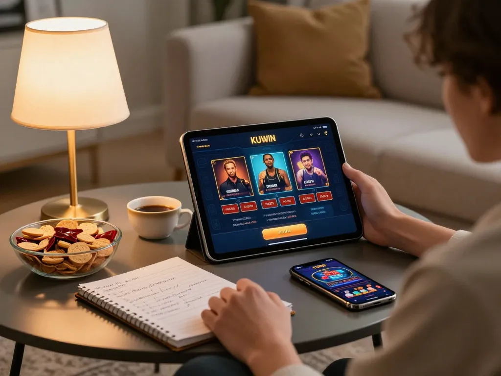 Kuwin app displayed on a tablet during a relaxed online gaming session in a cozy living room.