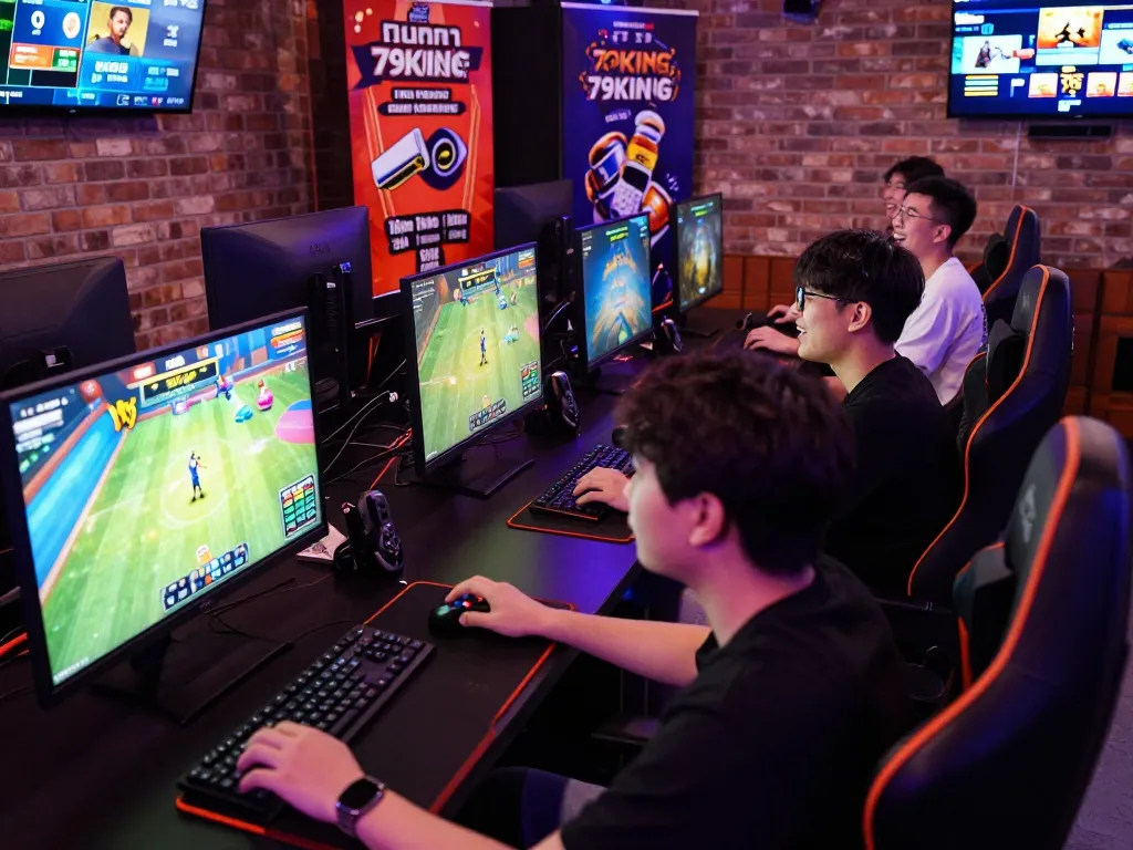 Diverse players enjoying gaming experiences at 79kingg.us, featuring fishing games and sports betting in a lively lounge.