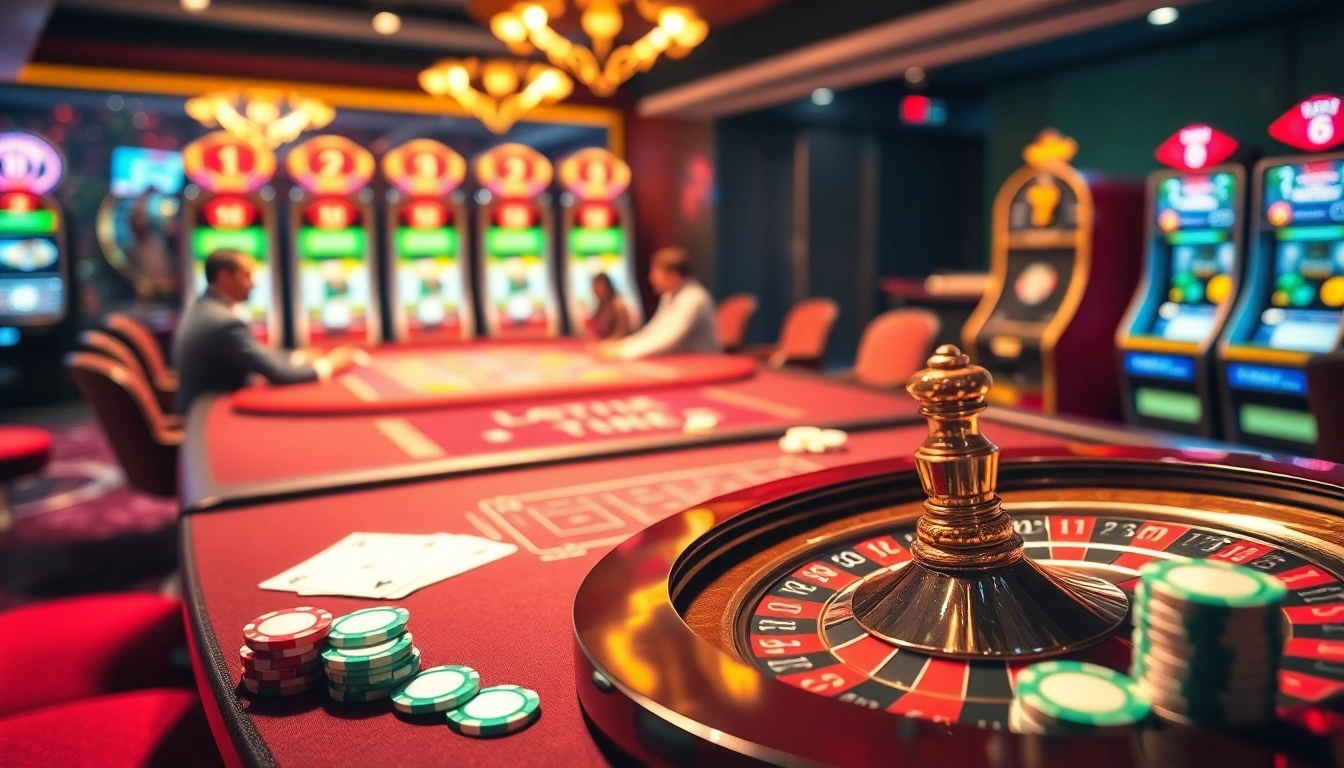 Players enjoy a thrilling game at 11bet's vibrant casino table filled with poker chips and cards.
