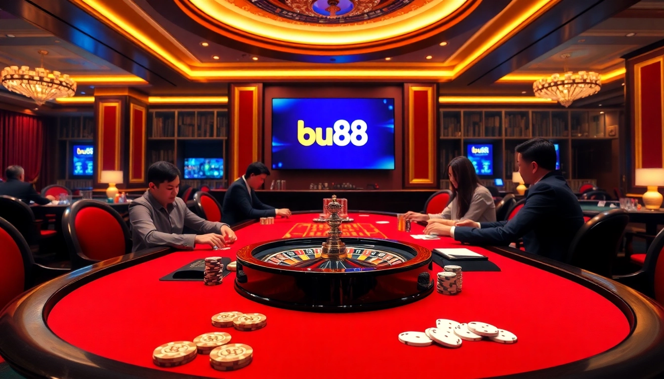 Engage in high-stakes poker at bu88's luxurious casino scene with vibrant lighting and poker chips.