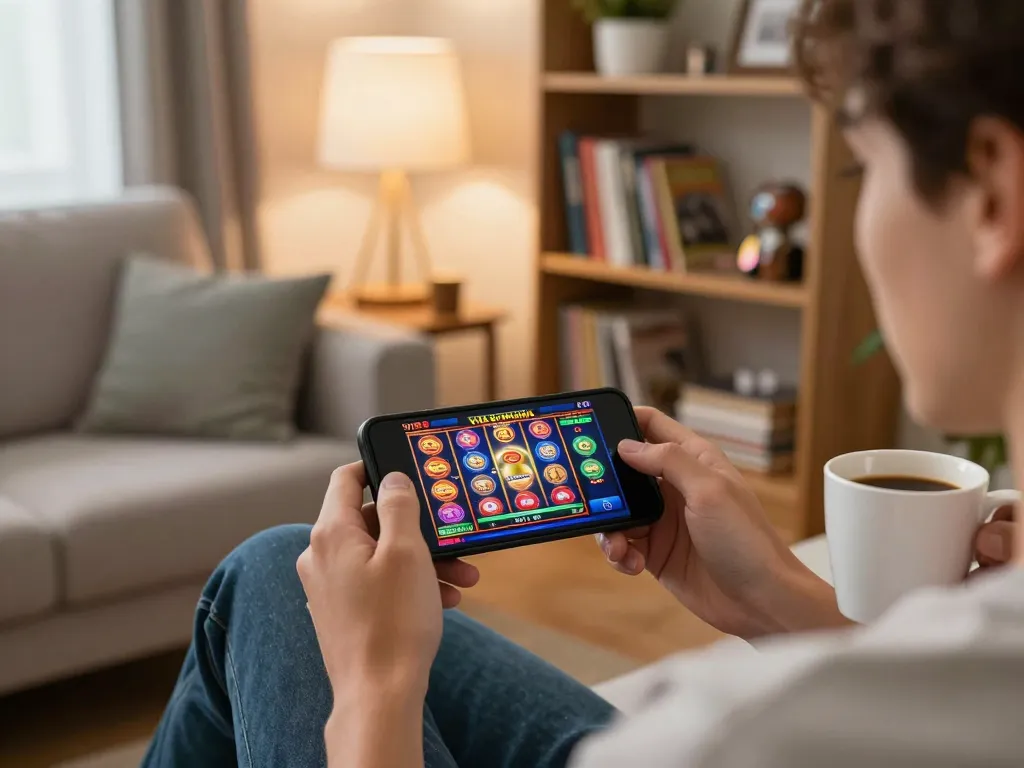 Player engaging with Vin88's casino app on smartphone while relaxing at home.