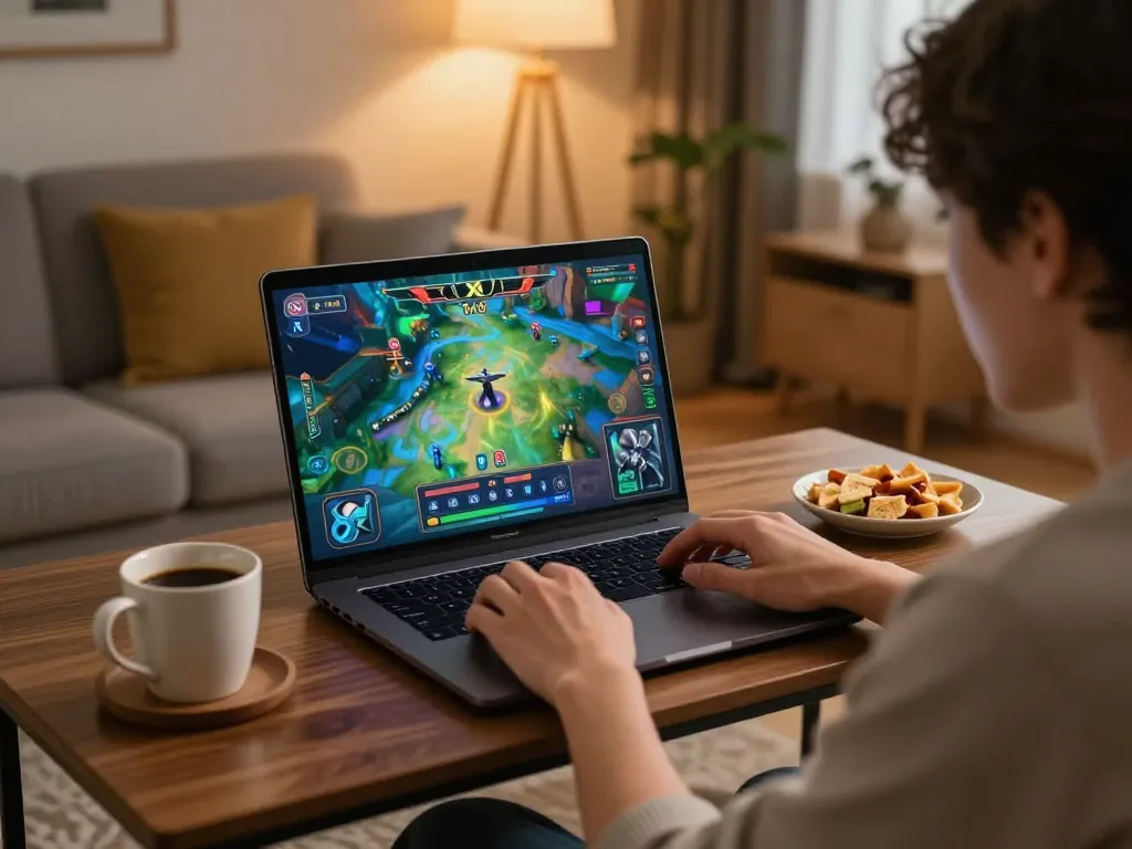 Engaged player enjoying Tai Xiu online game on laptop in a cozy living room setting.