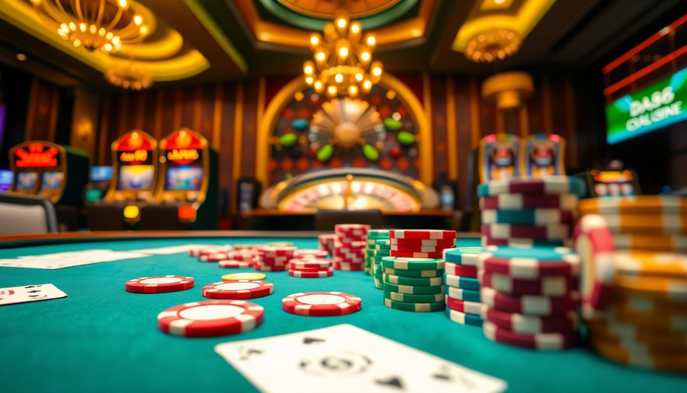 Engaging casino scene showcasing a luxurious poker table and vibrant DA88-themed gaming ambiance.