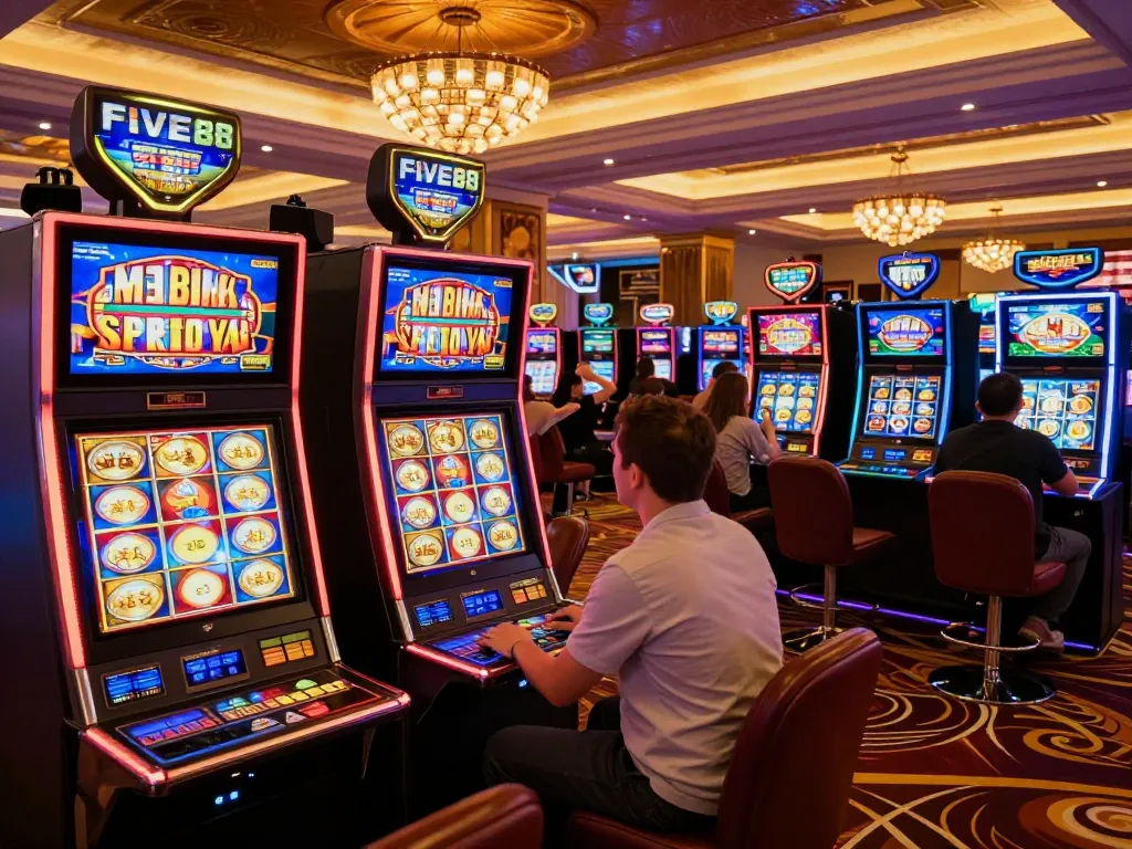 Players enjoying the vibrant slot machines at FIVE88 casino, experiencing thrilling gameplay.