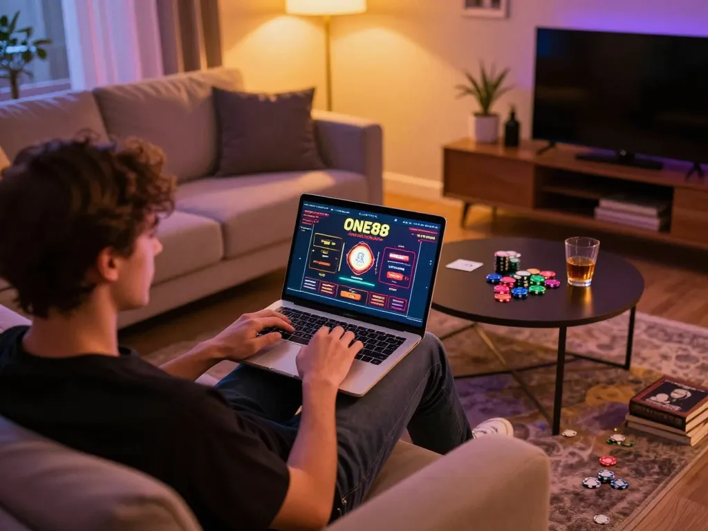Engaged player exploring the ONE88 online casino platform in a stylish home environment.