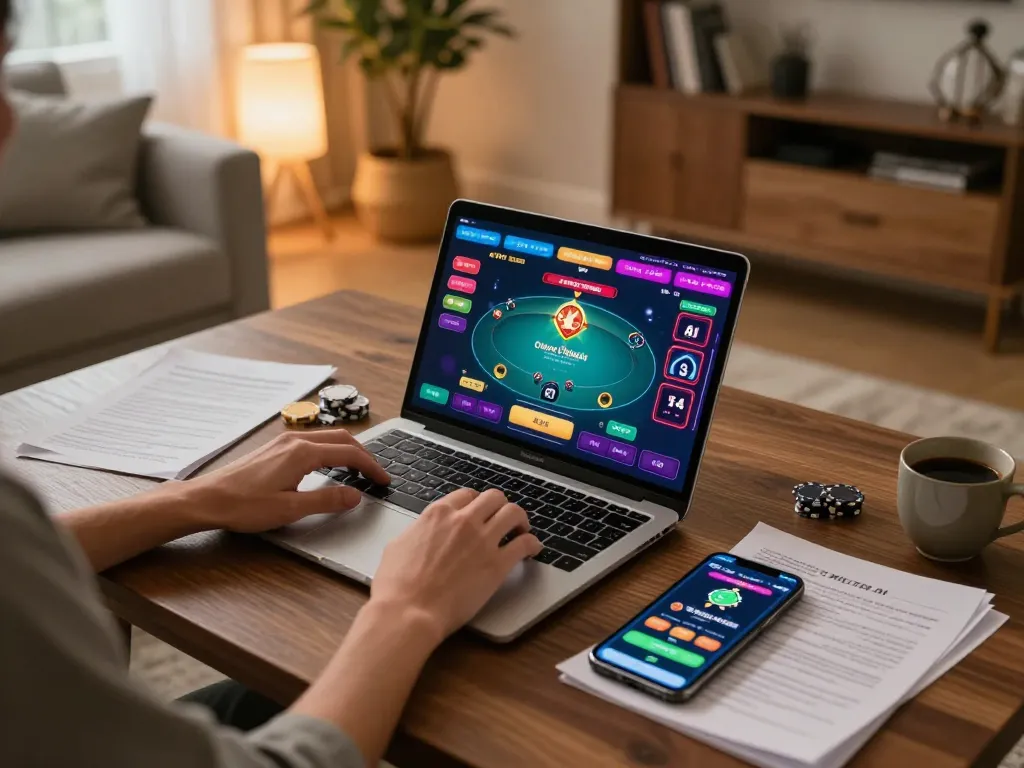 Suncity player using laptop for online poker while managing bankroll and strategy notes.