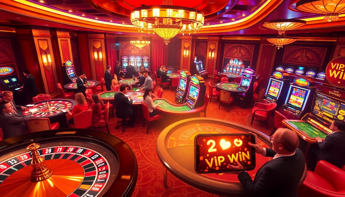 Engage with the vipwin experience at a luxurious casino, featuring vibrant slot machines and elite poker tables.