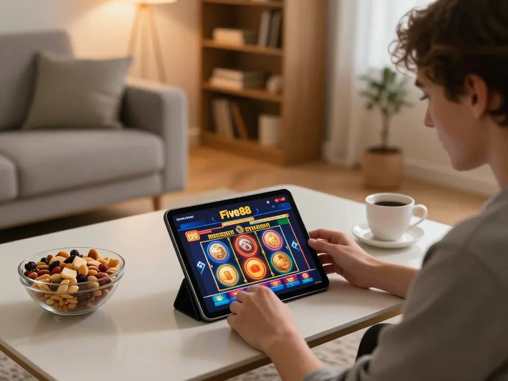 Enjoying the thrill of gameplay at Five88 on a tablet in a cozy home setting