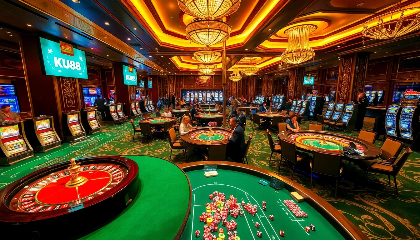 Exciting KU88 gaming scene with luxury tables, slots, and vibrant roulette wheels.