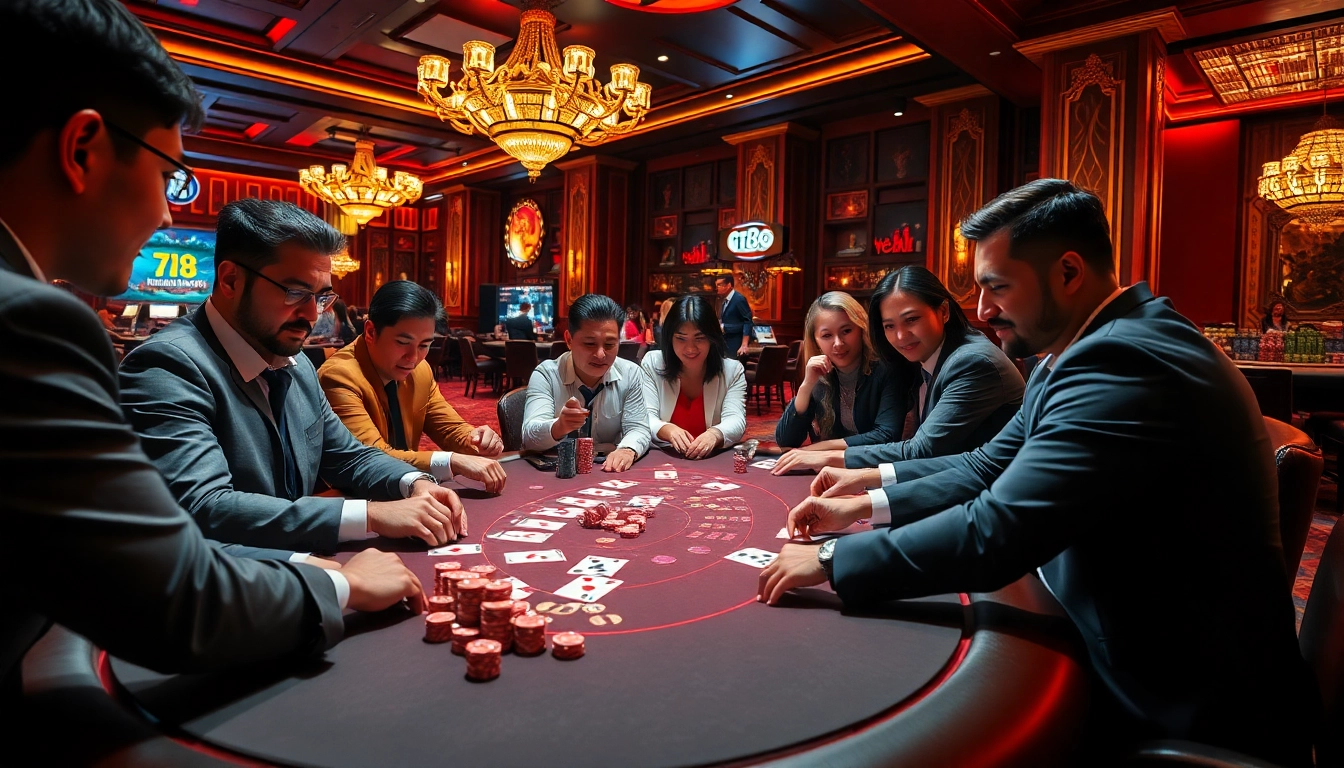 Players engaging in poker at TIP88's luxurious casino, showcasing excitement and vibrant gaming.