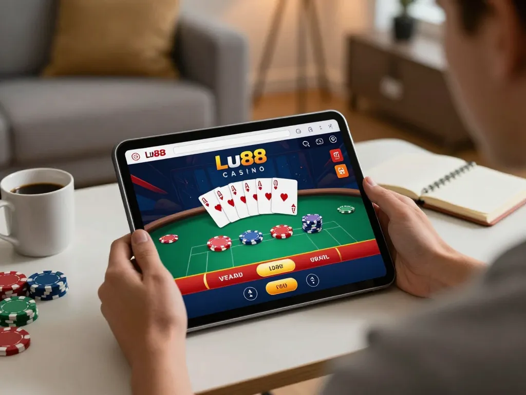 Engaging gameplay with Lu88 app on tablet showcased in a cozy home setting