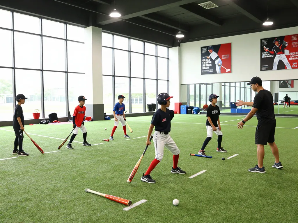 Young athletes at hitclub practicing baseball in a vibrant training facility.
