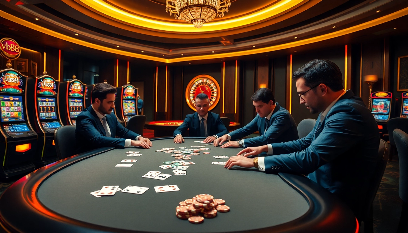 Experience high-stakes poker action at vb88's premier gaming table with vibrant slots and luxury decor.