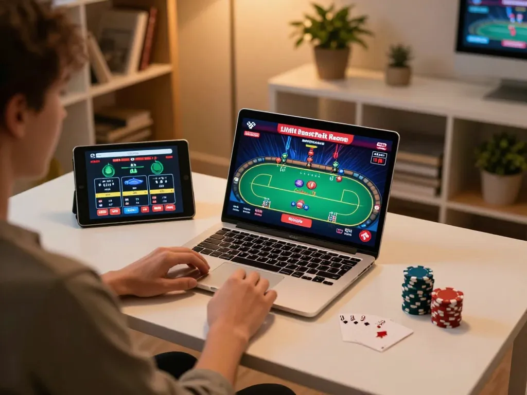Engaged player using KU88 on laptop for a live poker game at home, showcasing a stylish setup.