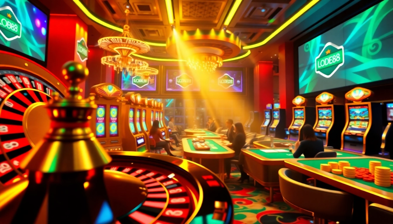Players winning big at lode88 online casino with vibrant gaming elements and luxurious atmosphere.