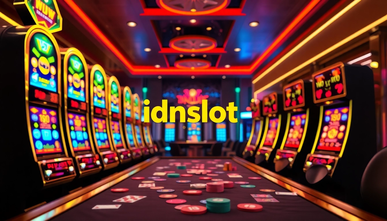 Players winning big on idnslot with colorful slot machines and casino chips in an elegant casino.