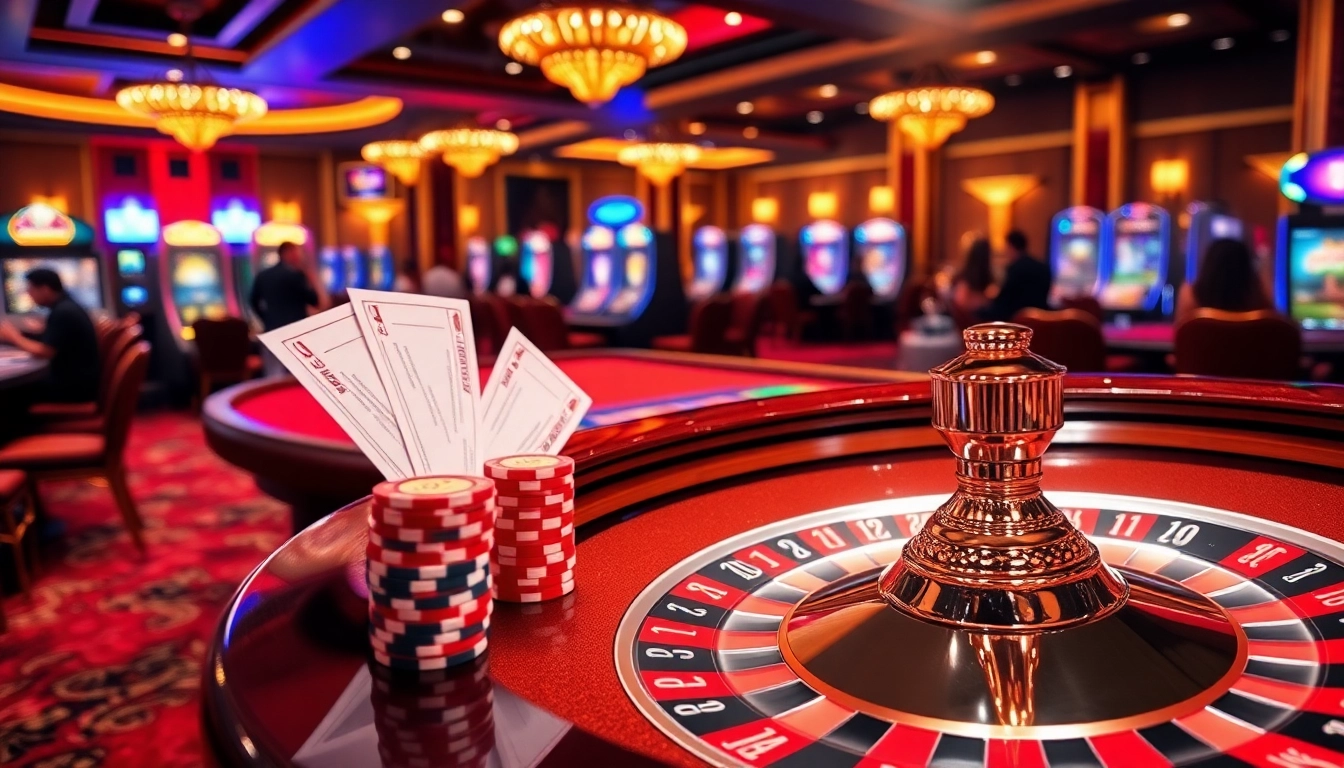 LU88 online gambling scene with vibrant colors and casino elements like roulette wheels and poker chips.