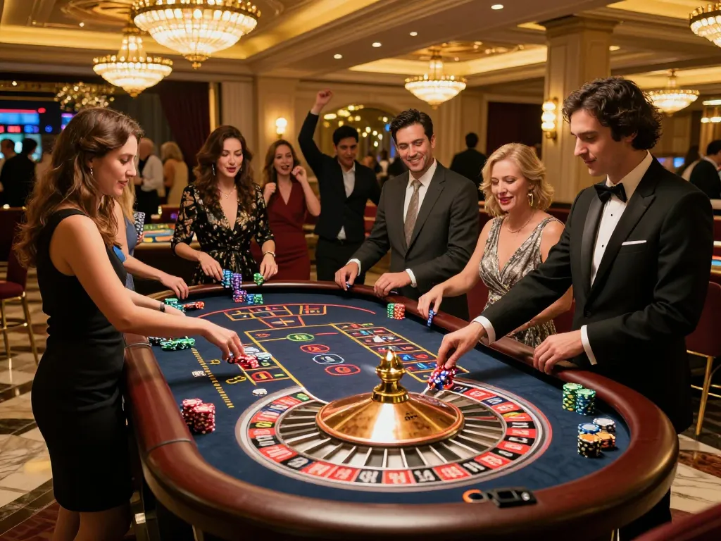 FABET players strategize while betting at a dynamic roulette table in an upscale casino.