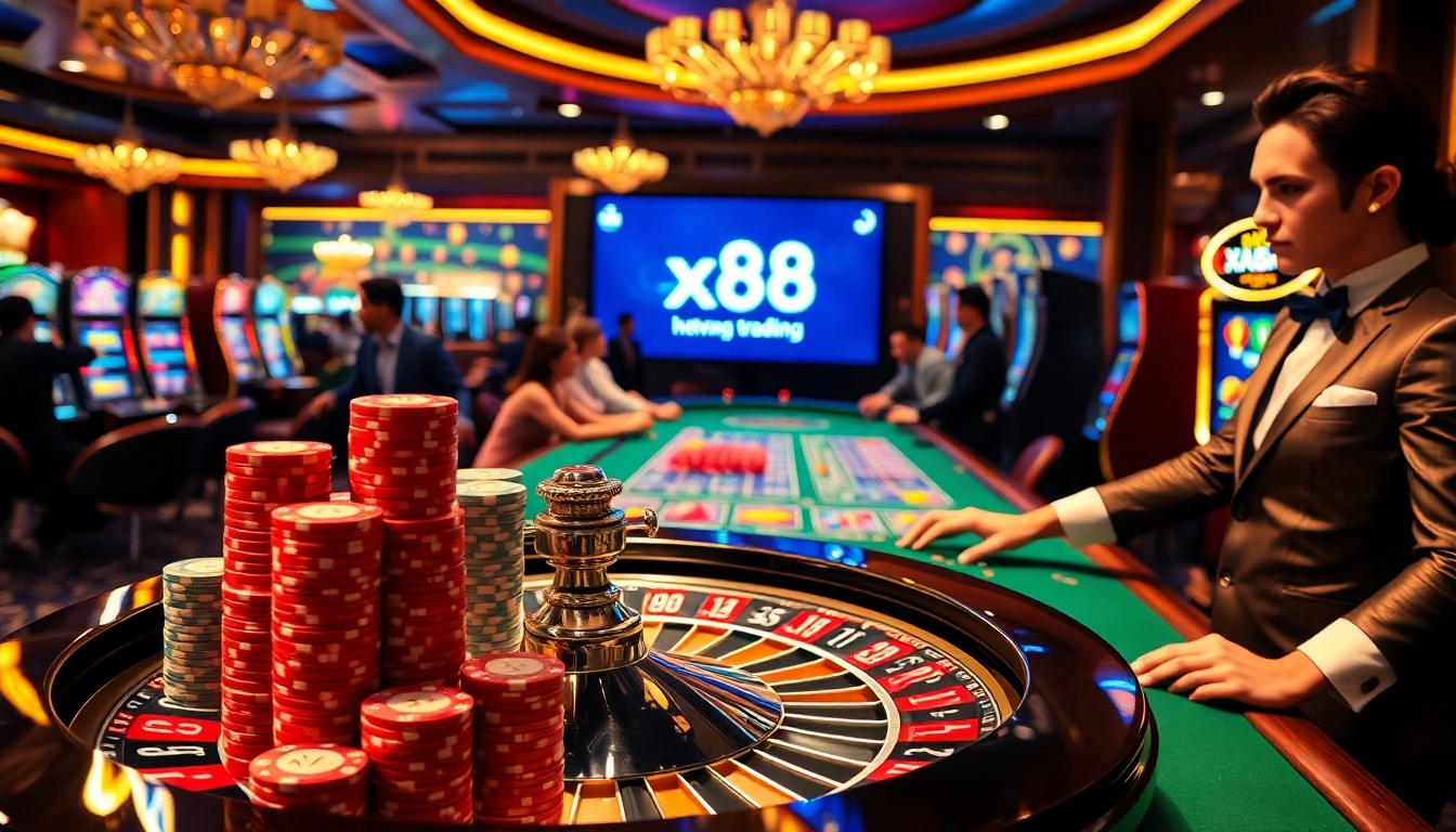 Experience high-stakes excitement at https://xx88.trading/ featuring vibrant casino scenes with roulette and engaging players.