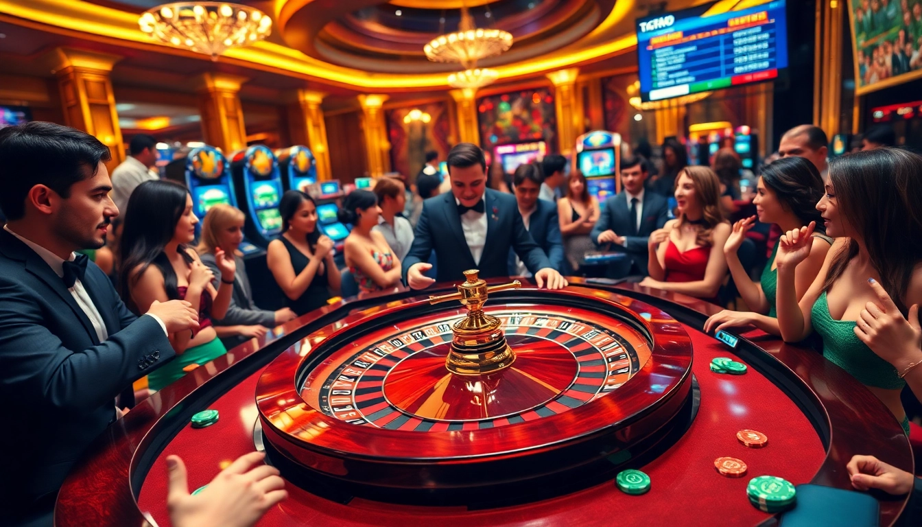 Excited players at a roulette table anticipating wins at https://tg88.fyi/ in a luxurious casino setting.