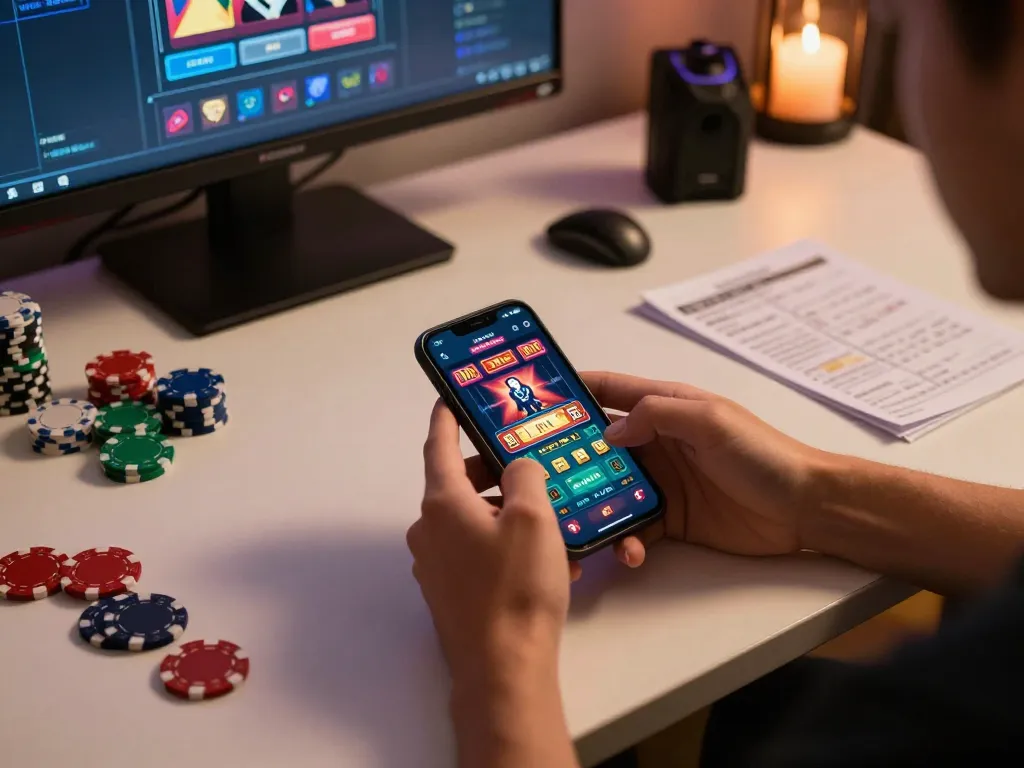 Using a smartphone for online gambling at https://www.dacsandatphanrang.com/ showcasing poker chips and strategy notes.