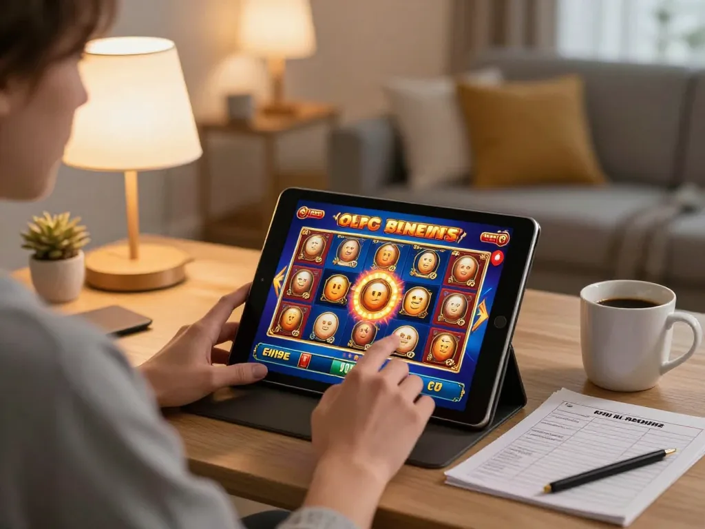 DABET offers thrilling online slot gameplay with a cozy home atmosphere, showcasing a player's strategic engagement.
