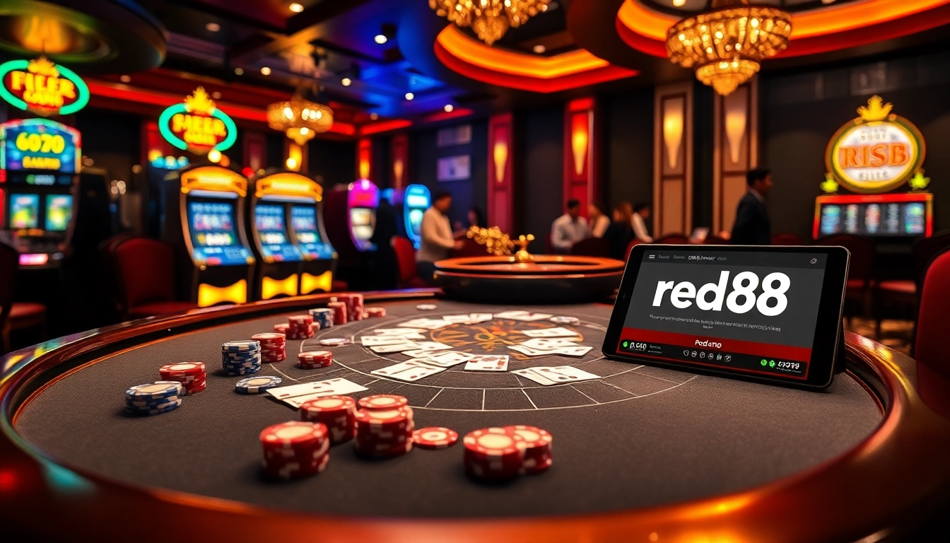 Engage with the thrilling atmosphere at https://red88.br.com/ featuring a vibrant casino scene with blackjack, slot machines, and roulette.