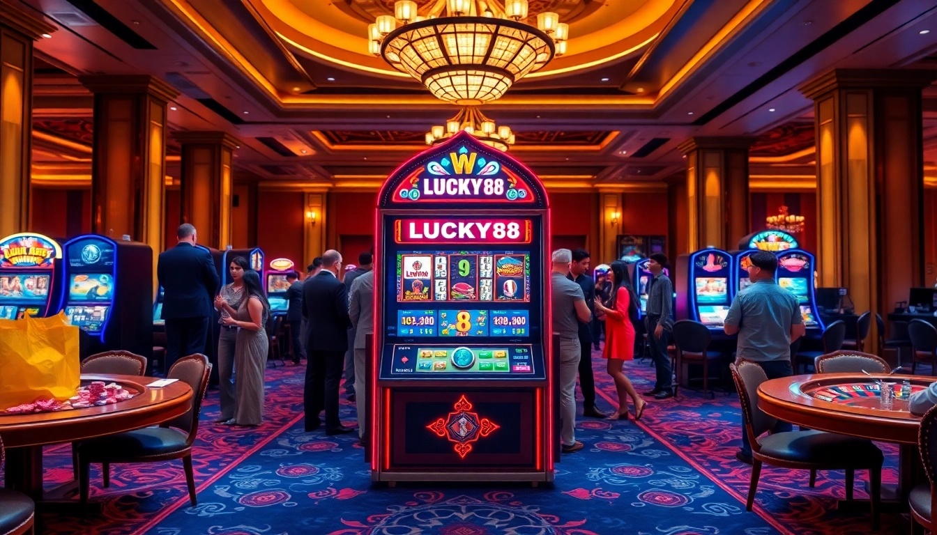 Experience the thrill of winning on the LUCKY88 slot machine amidst an exciting casino atmosphere.
