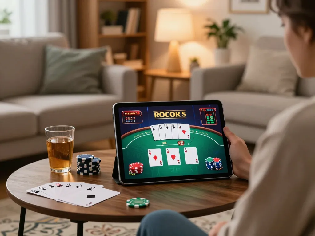 Engaged player enjoying poker on 11BET app in a cozy home environment with strategic notes nearby.