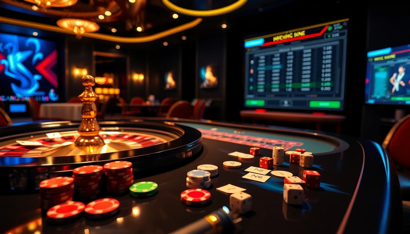 Engaging gambling scene showcasing Nhà cái uy tín with luxurious casino elements like poker chips and roulette.