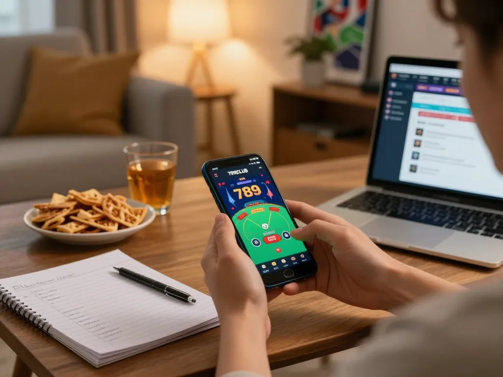 Engaging with 789CLUB on mobile app in a cozy home setting.