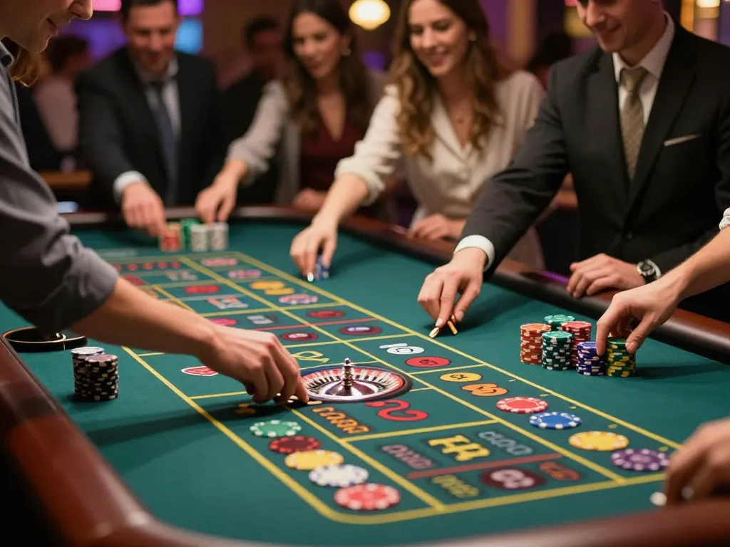 Experience the thrill of betting at FIVE88 roulette table with colorful chips and eager players.