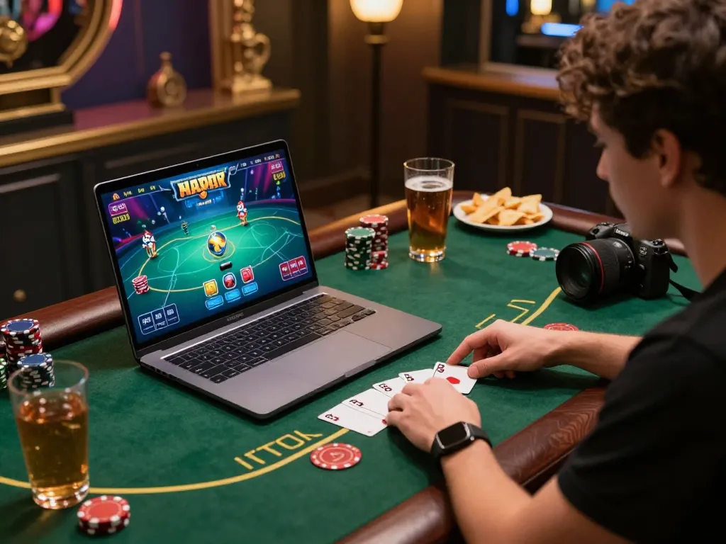 Player engaged in an online blackjack game on laptop with VA88 interface, showcasing strategy and focus.