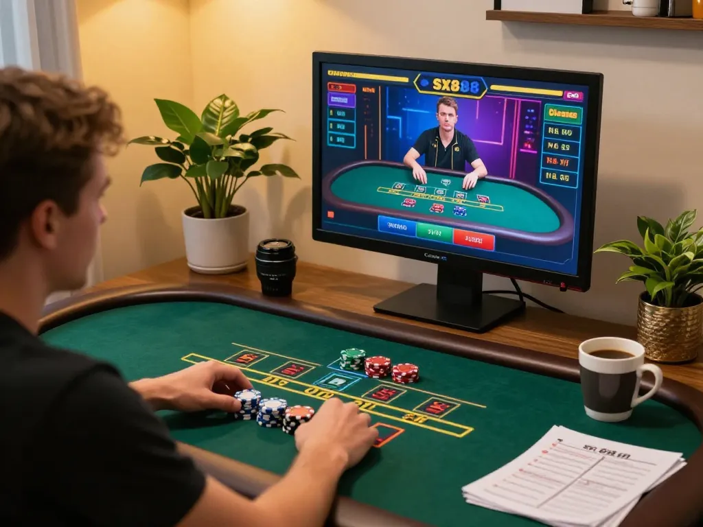 SX88 player engaging in live blackjack game with modern setup and strategy notes.