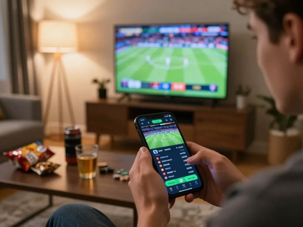 Player engaged in sports betting using lc88 app on smartphone in a cozy home setting.