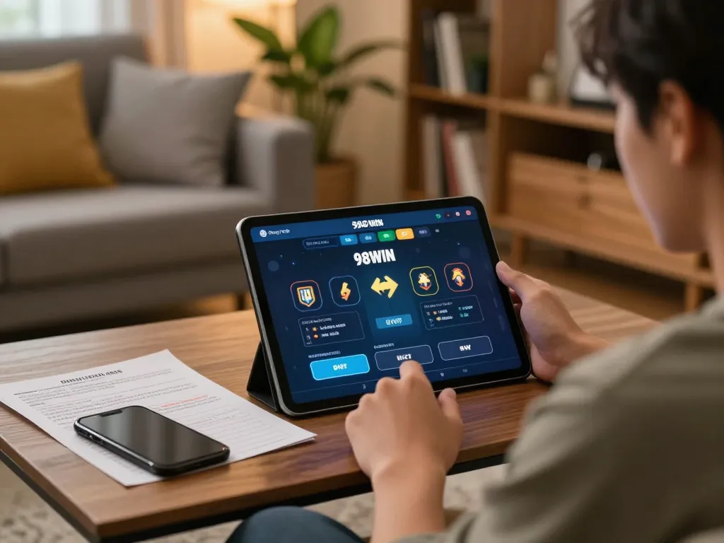 Engaging in online gaming with Đăng Nhập 98WIN interface on tablet amidst cozy home setting.