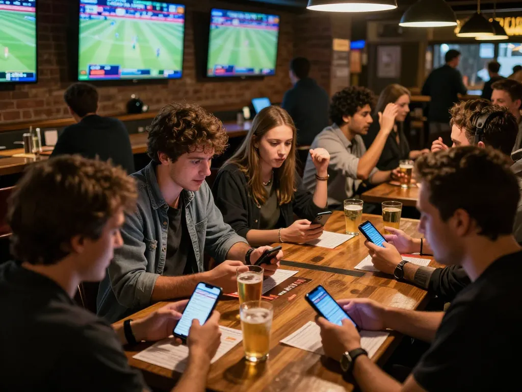 Engaged bettors analyzing kèo nhà cái at a vibrant sports bar with multiple screens
