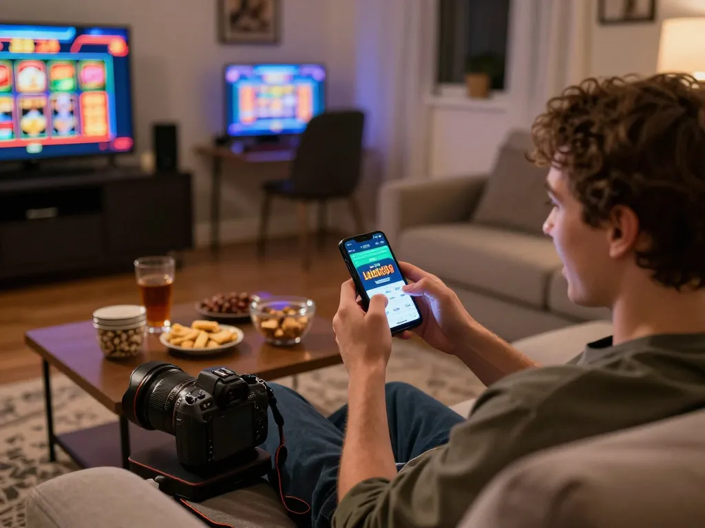 Engaging with the lucky88 mobile app during a cozy home gaming session showcasing excitement and strategy