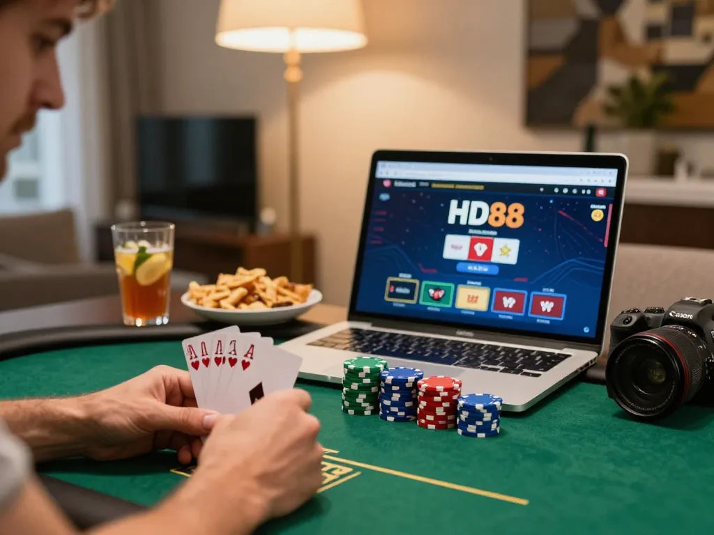 HD88 online casino player contemplates their next bet with strategic focus during a home poker game