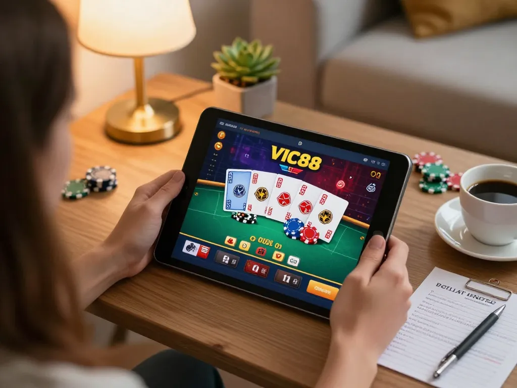 Player engaging with the VIC88 casino app during an exciting poker game at home, showcasing responsible gaming