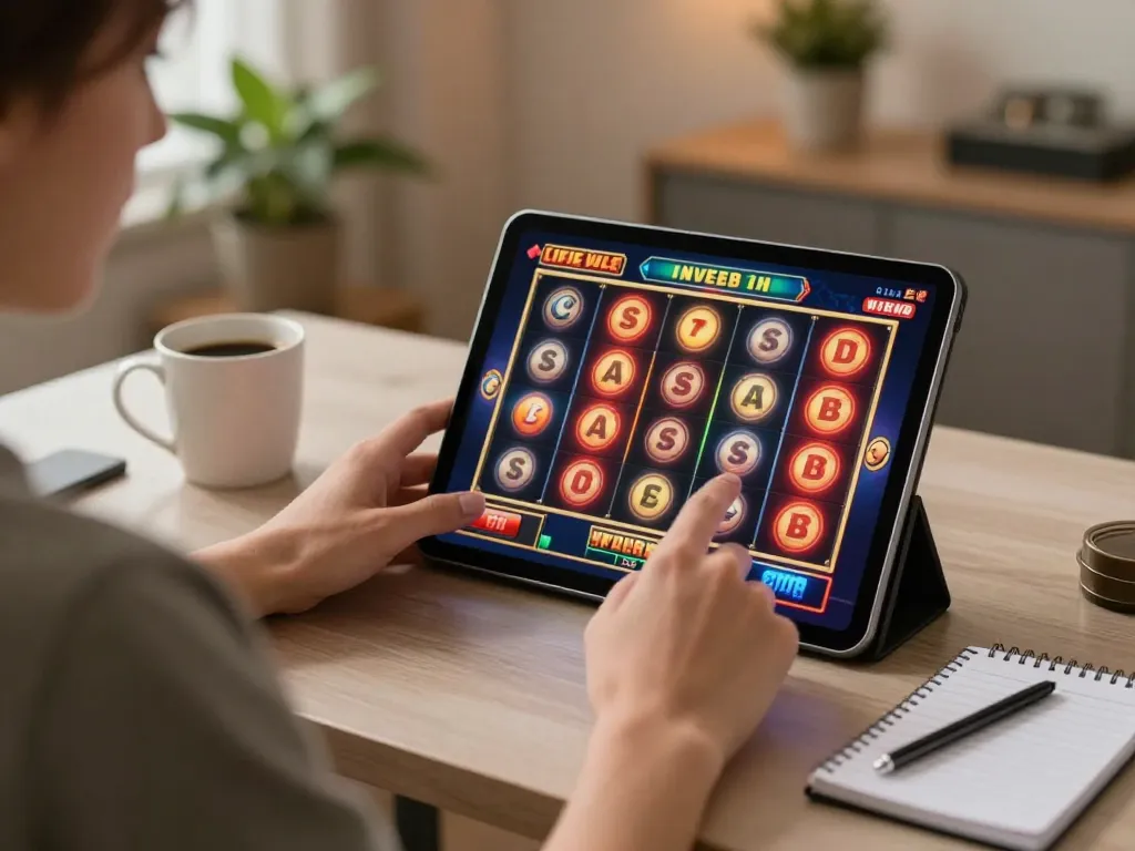 Engaging in online slot depo 10000 gaming on a tablet at home with vibrant visuals