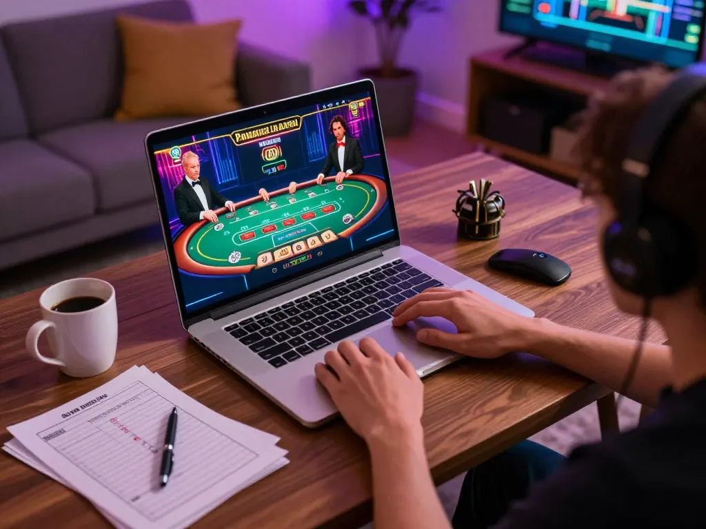 Engaging in immersive online gaming with 23Win at home, showcasing live dealer gameplay and strategy notes