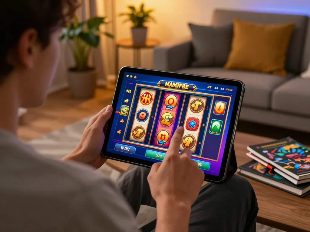Engaging moment in online gaming with slot deposit 5000 gaming action on tablet.