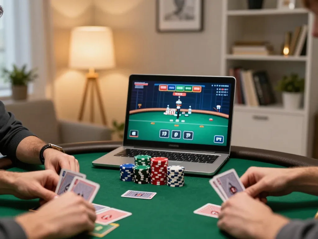 Players enjoying a strategic poker game online on c168 com with colorful chips and laptop interface.