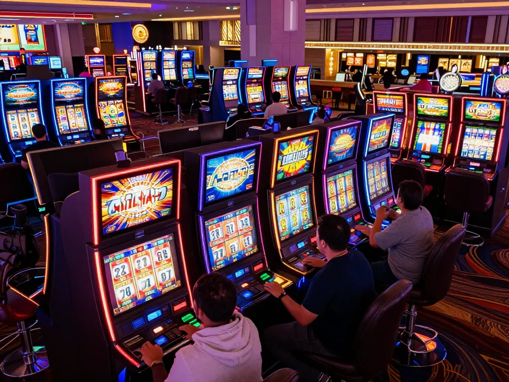 Scena menarik pemain di mesin Slot Gacor di kasino Las Vegas yang ramai