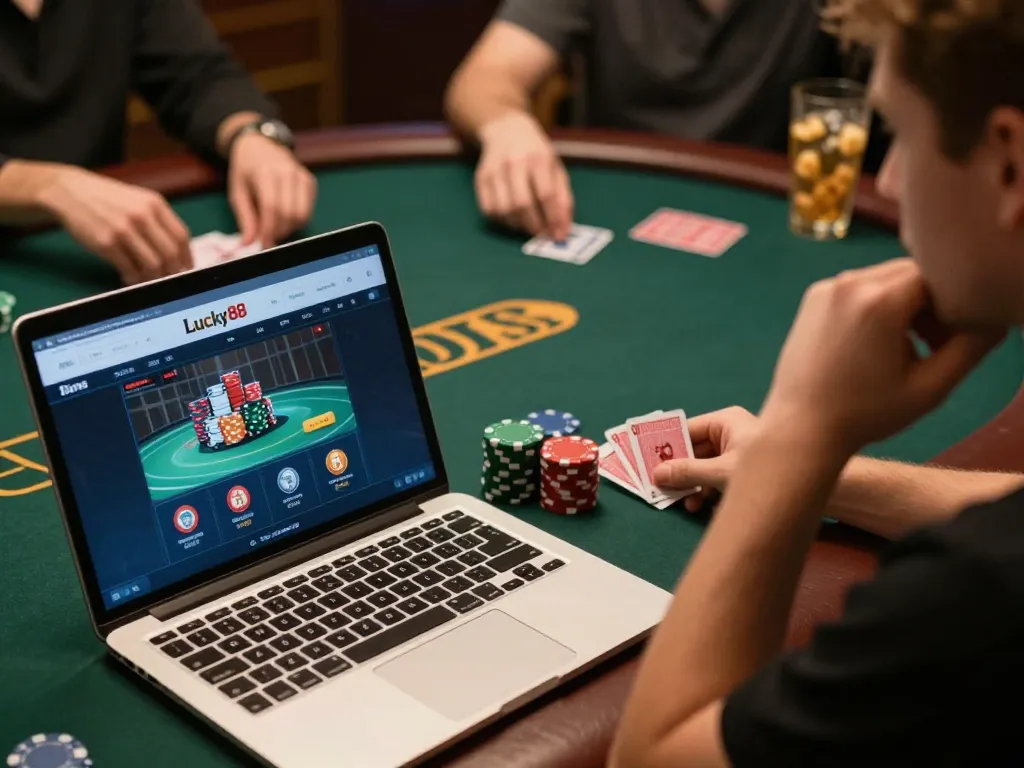 Engaging poker strategy session with players enjoying link lucky88 on their laptops, warm cozy atmosphere with drinks and snacks.