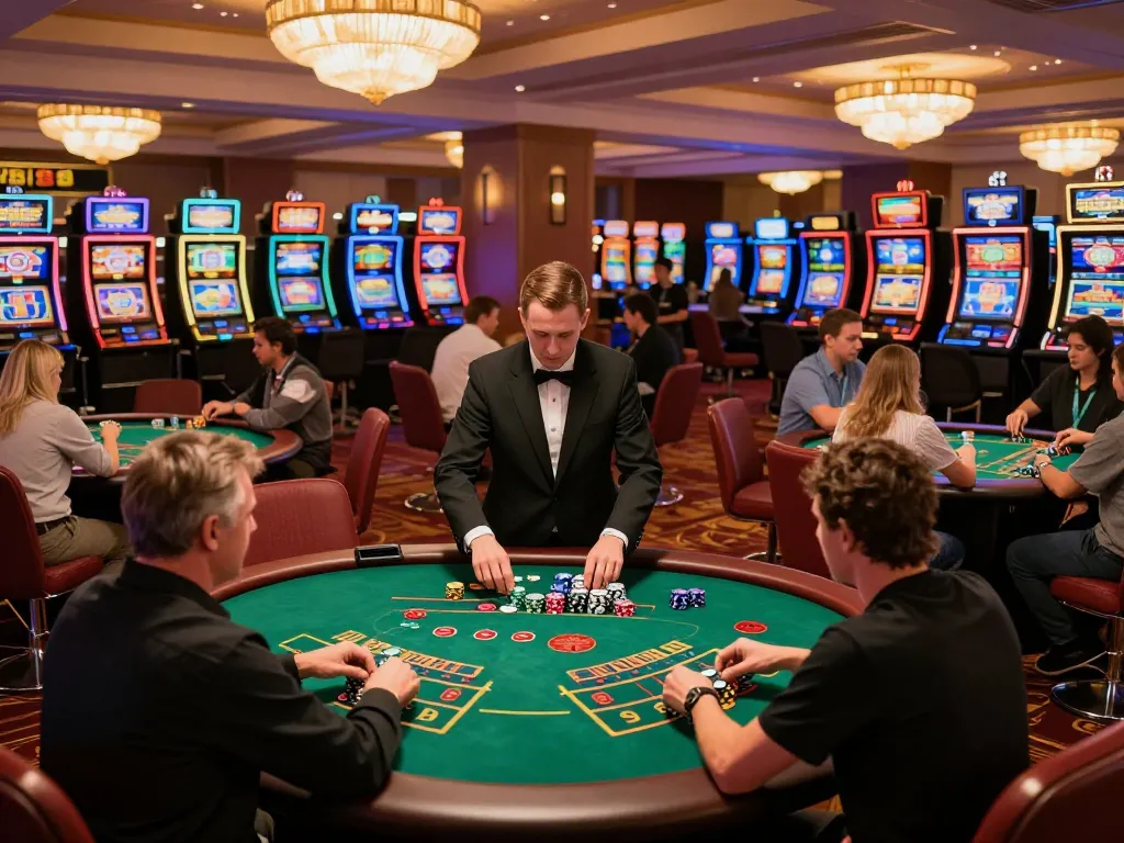 VB88 gaming excitement as players engage at blackjack tables and colorful slot machines in a bustling casino